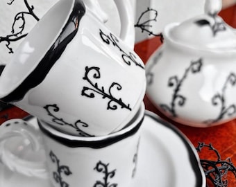 Handpainted Roses & Thorns Gothic Coffee Set – Vintage Porcelain