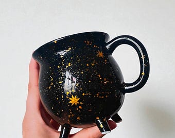 Black Cauldron Gold Galaxy Mug Ceramic Wiccan Home Decor Halloween Party Cosmic Witch