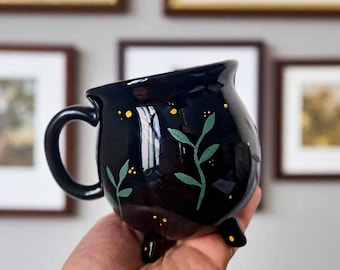 Black Cauldron Ceramic Mug Green Witch Wiccan Home Decor