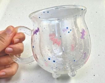 Glass Cauldron Mug Candy Bats, Pastel Goth, Pink Witch