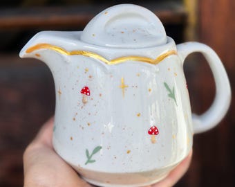 Limited Edition Mushrooms & Leaves Hand-Painted Small Teapot, 60cl, Vintage Porcelain, Goblincore