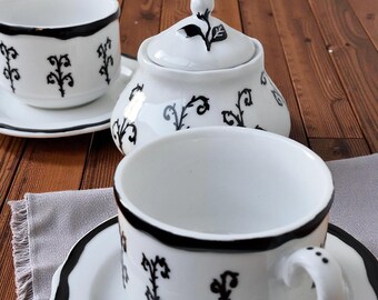 Roses and Thorns Cappuccino Set, Sugar Pot, Gothic Drinkware, Limited Edition