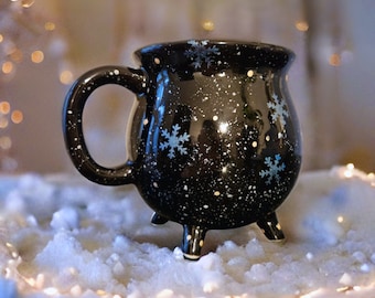 Winter Cauldron Mug with Snowflakes, Wicked Christmas, Starry Night, Alternative Gift Ideas, Witchy Holidays