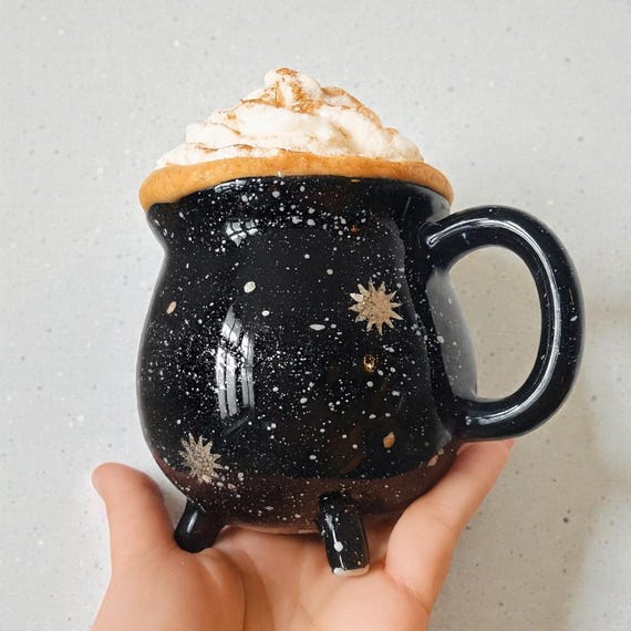 Black Cauldron Sun Galaxy Mug  Wiccan Home Decor Halloween Party Cosmic Witch