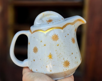 Golden Sun Teapot, Hand-Painted, 60cl, Whimsy Witch, Celestial Kitchen, Vintage Porcelain, Limited Edition