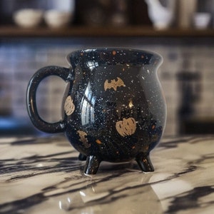 Pumpkin Spice Cauldron Mug, Bats and Pumpkins, Halloween Party