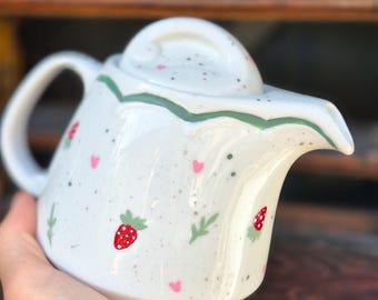 Limited Edition Strawberries & Hearts Hand-Painted Small Teapot, around 60cl, Vintage Porcelain, Cottagecore