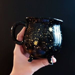 Black Cauldron Gold Galaxy Mug Ceramic Wiccan Home Decor Halloween Party Cosmic Witch