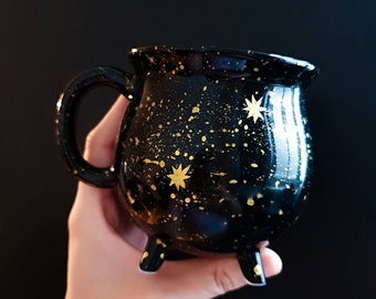 Black Cauldron Gold Galaxy Mug Ceramic Wiccan Home Decor Halloween Party Cosmic Witch