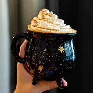 Black Cauldron Gold Galaxy Mug Ceramic Wiccan Home Decor Halloween Party Cosmic Witch