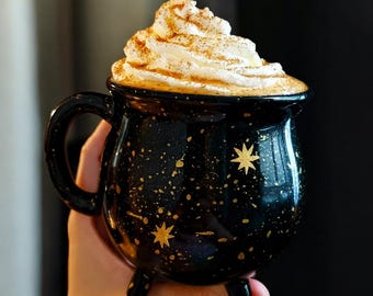 Black Cauldron Gold Galaxy Mug Ceramic Wiccan Home Decor Halloween Party Cosmic Witch