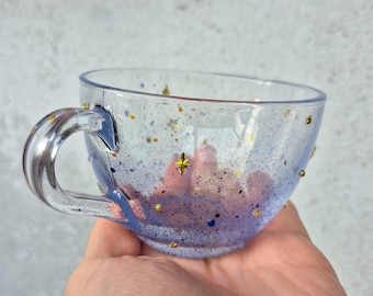 Moonlight Stars Transparent and Light Purple Glass Tea Cup, Cosmic Witch, Whimsy Goth
