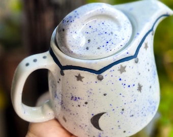 Limited Edition Silver Moon Hand-Painted Small Teapot, Whimsy Witch, Celestial Kitchen, Vintage Porcelain, 60cl