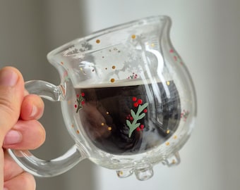 Holiday Glass Cauldron Mug, Wiccan and Goth Christmas