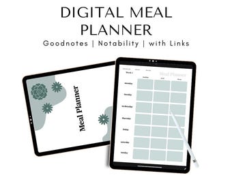 May include: A digital meal planner template for Goodnotes and Notability apps. The template features a weekly meal planner with sections for breakfast, lunch, and dinner. The template also includes a cover page with a floral design.