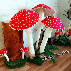 3 Giant Tall mushrooms, forest themed party, Alice in wonderland props, shop window display, Giant Fly agaric, Fairy garden giant toadstool