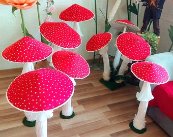 Set of 6 Giant mushrooms, Alice in wonderland Wedding party decor, Lot of 6 individuals red mushrooms with bases, different sizes.