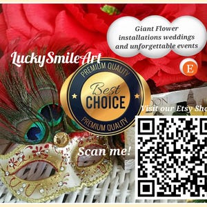 May include: A decorative masquerade mask with gold and red accents, adorned with feathers. The image includes text that says "Lucky Smile Art", "Best Choice", and "Scan me!" along with a QR code and the phrase "Visit our Etsy Shop".