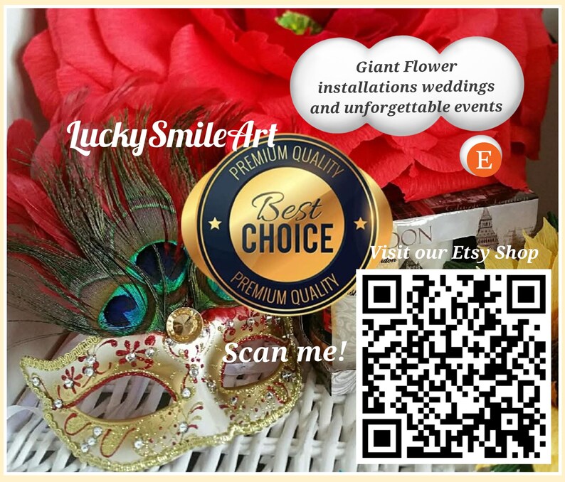 May include: A decorative masquerade mask with gold and red accents, adorned with feathers. The image includes text that says "Lucky Smile Art", "Best Choice", and "Scan me!" along with a QR code and the phrase "Visit our Etsy Shop".