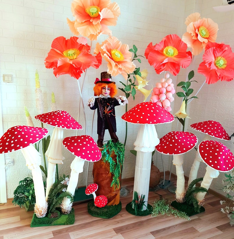 Alice in wonderland prop, lot of 6 cluster Fly Agaris mushrooms, Alice in Wonderland party photo prop giant, Mad Hatter photo backdrop props image 1