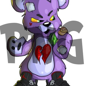 May include: A purple teddy bear with a broken heart on its chest, wearing black and red sneakers, holding a wad of cash and a blunt. The bear has a stitched-up face and yellow eyes.