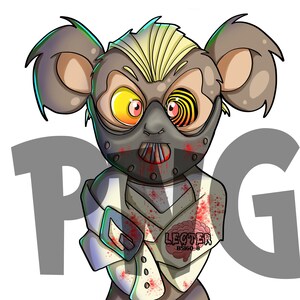 May include: A cartoon illustration of a teddy bear wearing a white lab coat and a bloody mask. The bear has a single yellow eye and a spiral-shaped eye. The bear is holding a bloody knife and has a brain on its chest with the text "LECTER B5160-8".