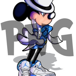 Può includere: Un'illustrazione di cartone animato di Topolino che indossa un cappello fedora bianco, una giacca blu e bianca e scarpe da ginnastica blu e bianche. Lo sfondo è grigio con la parola "BIG" in bianco.