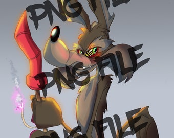 May include: A cartoon coyote with a mischievous grin holds a lit firecracker in his right paw. His left eye is glowing green, and his fur is brown and grey. The background is a light grey.