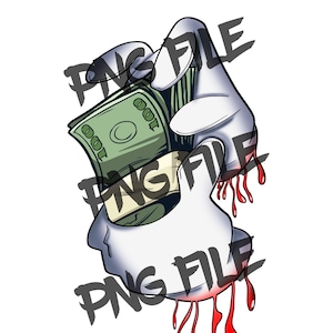 Puede incluir: Una mano blanca con sangre roja goteando sostiene una pila de billetes verdes. Los billetes tienen el número 100 impreso.