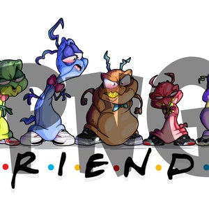 May include: Five cartoon characters wearing sneakers and bow ties. The characters are green, blue, brown, red, and purple. The characters are standing in a row and the word "FRIENDS" is written below them.
