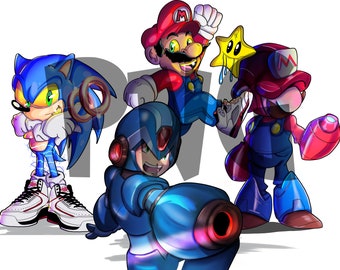 May include: A digital illustration of four popular video game characters.  Sonic the Hedgehog is blue with white shoes and red accents.  Mario is red with blue overalls and a red cap.  Mega Man is blue with a red helmet and a large cannon.  Wario is red with a yellow star on his head and a red and blue outfit.