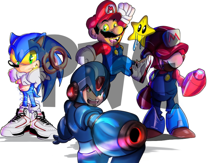 May include: A digital illustration of four popular video game characters.  Sonic the Hedgehog is blue with white shoes and red accents.  Mario is red with blue overalls and a red cap.  Mega Man is blue with a red helmet and a large cannon.  Wario is red with a yellow star on his head and a red and blue outfit.