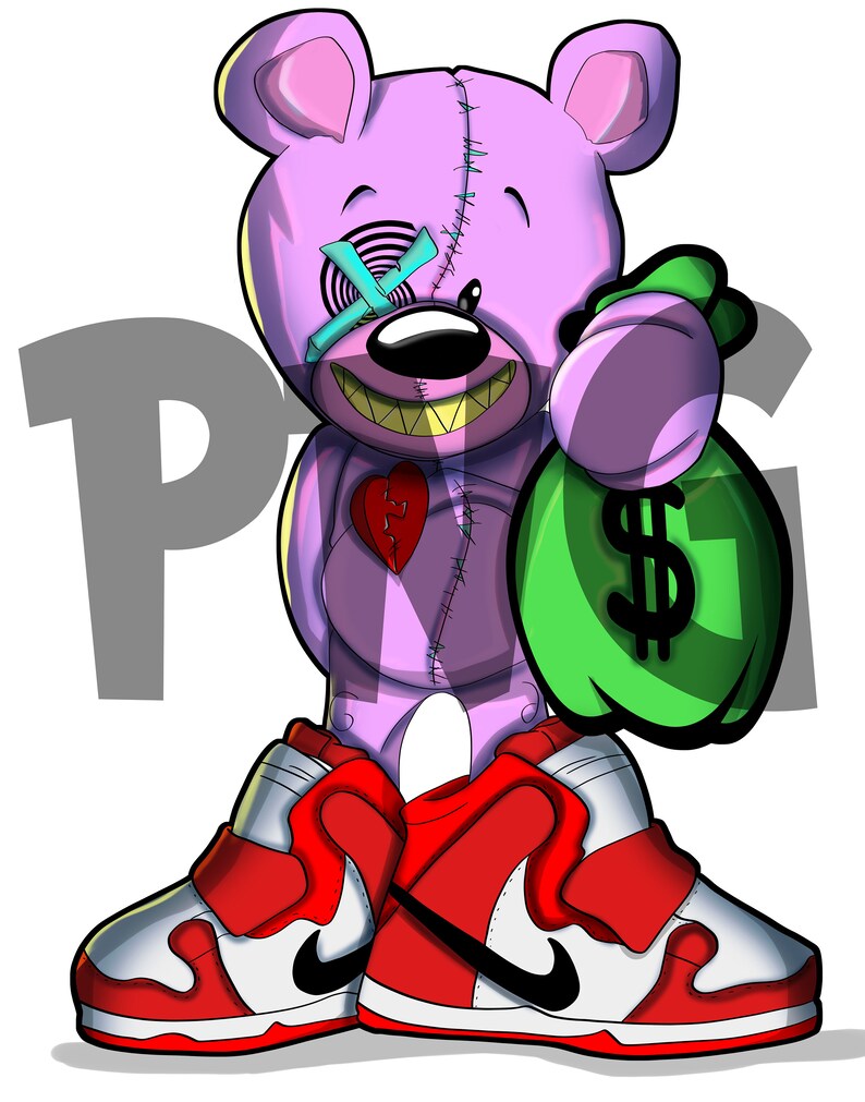 May include: A pink teddy bear with a stitched-up heart, a dollar sign on its eye patch, and a green money bag. The bear is wearing red and white sneakers with black Nike swooshes.
