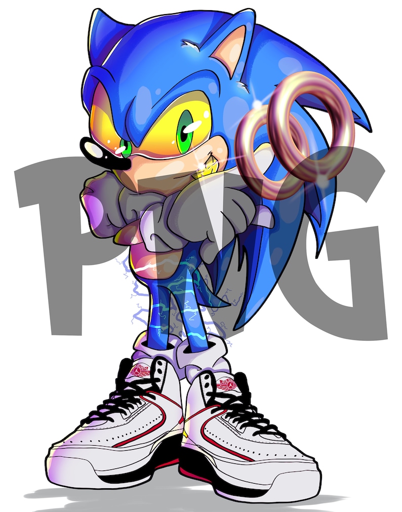 May include: A blue and white cartoon character with yellow eyes and a red and white striped shirt. The character is wearing white and red sneakers with a black swoosh logo. The character is holding two gold rings in their right hand. The character is standing on a white background.