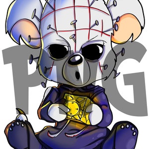 May include: A cartoon plush toy of a bear wearing a white mask with red lines and many pins. The bear is wearing a dark blue robe and holding a gold and yellow puzzle box.