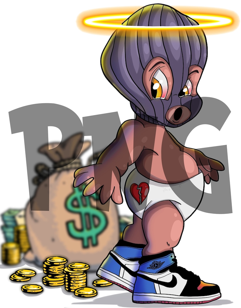 May include: A cartoon baby wearing a purple ski mask and a white diaper with a broken heart on it. The baby is wearing blue and white sneakers and has a halo above its head. The baby is standing next to a large bag of money with a dollar sign on it. There are stacks of gold coins scattered on the ground.