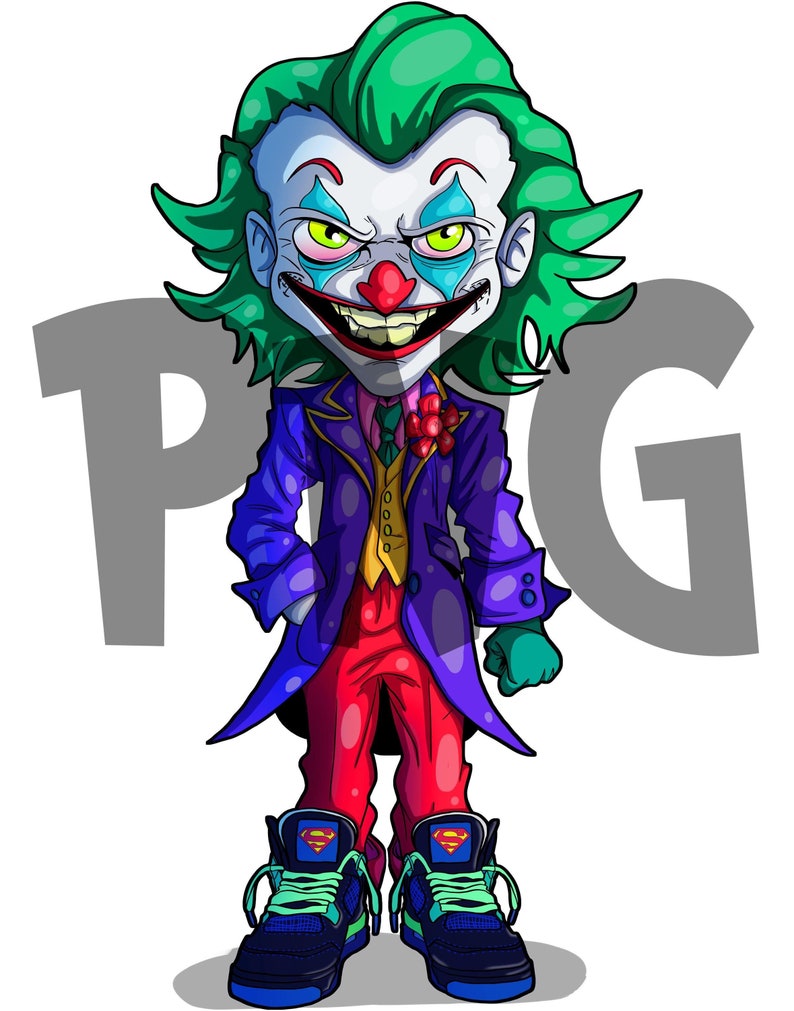 May include: A cartoon illustration of a green-haired clown wearing a purple suit with red trousers and black and blue trainers with a Superman logo. The clown has a red nose and a wide, toothy grin. The background is grey with the letters "PIG" in large, grey letters.