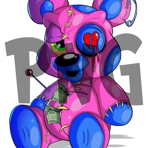 May include: A pink and blue teddy bear with a stitched-up body and a broken heart for an eye. The bear is holding cash in its hand and has a safety pin in its ear.