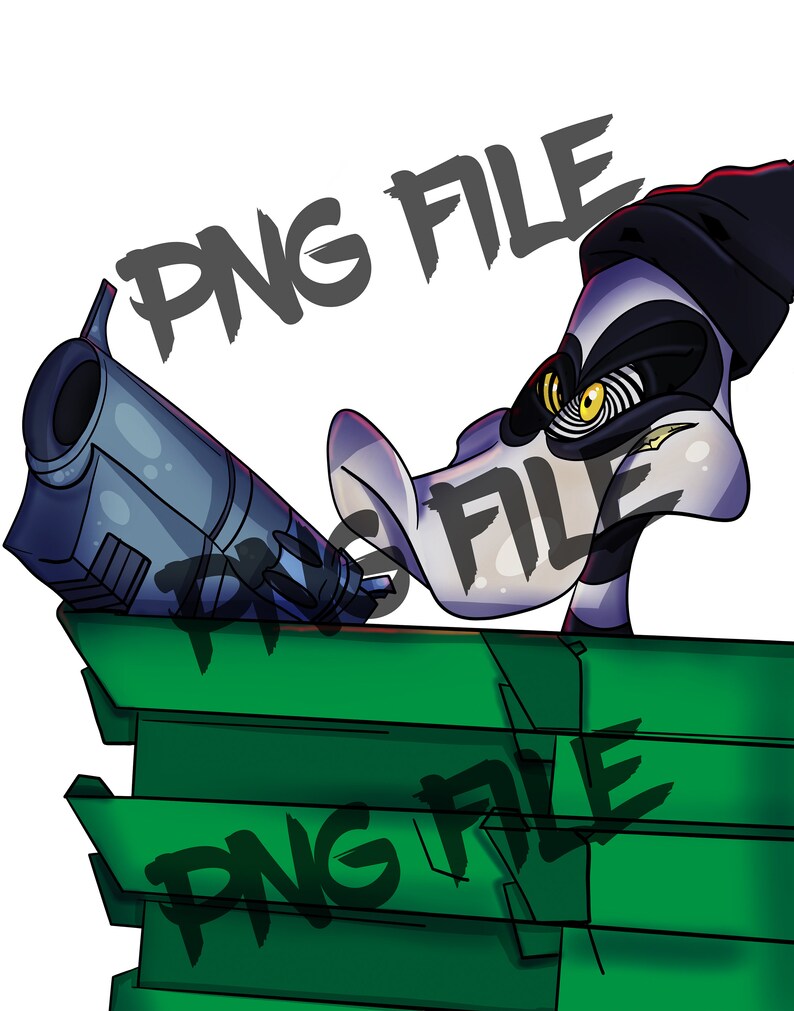 May include: A cartoon character with a black and white striped body and a black beanie is holding a blue gun and standing on top of a green dumpster. The character has a menacing expression and a large, yellow eye.