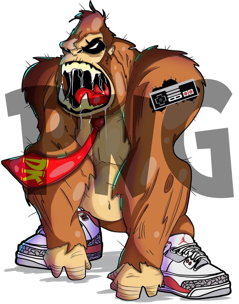 May include: A cartoon illustration of a brown gorilla wearing a red tie and a pair of white and red sneakers. The gorilla has a fierce expression and is wearing a tattoo of a classic video game controller on its arm. The gorilla is standing on a white background.