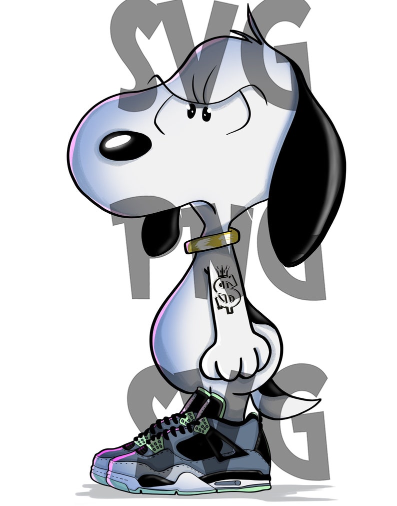 May include: A cartoon illustration of Snoopy wearing a gold chain and a tattoo of a dollar sign with a crown on his arm. He is wearing black and grey sneakers with green accents.