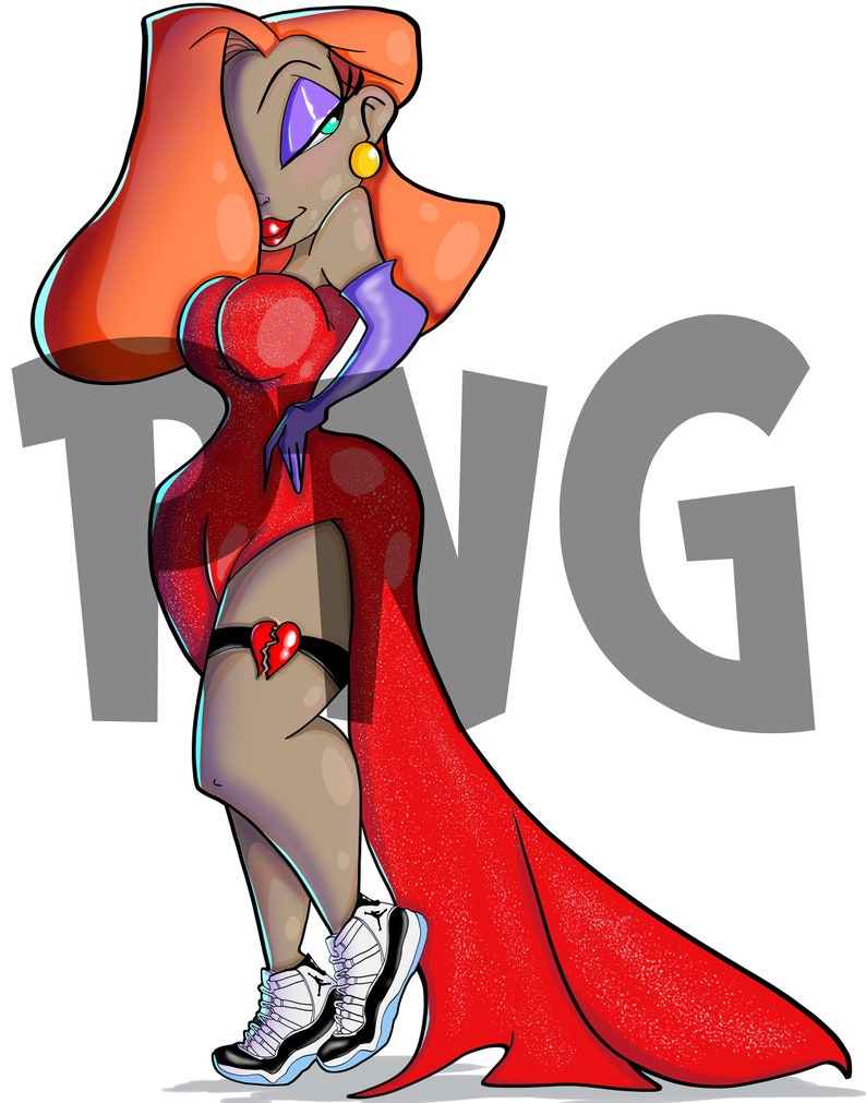 Puede incluir: Una ilustraci&oacute;n de dibujos animados de una mujer con cabello rojo que lleva un vestido rojo, medias negras y zapatillas blancas y negras. Tiene un tatuaje de coraz&oacute;n roto en el muslo y sostiene un guante morado en la mano.