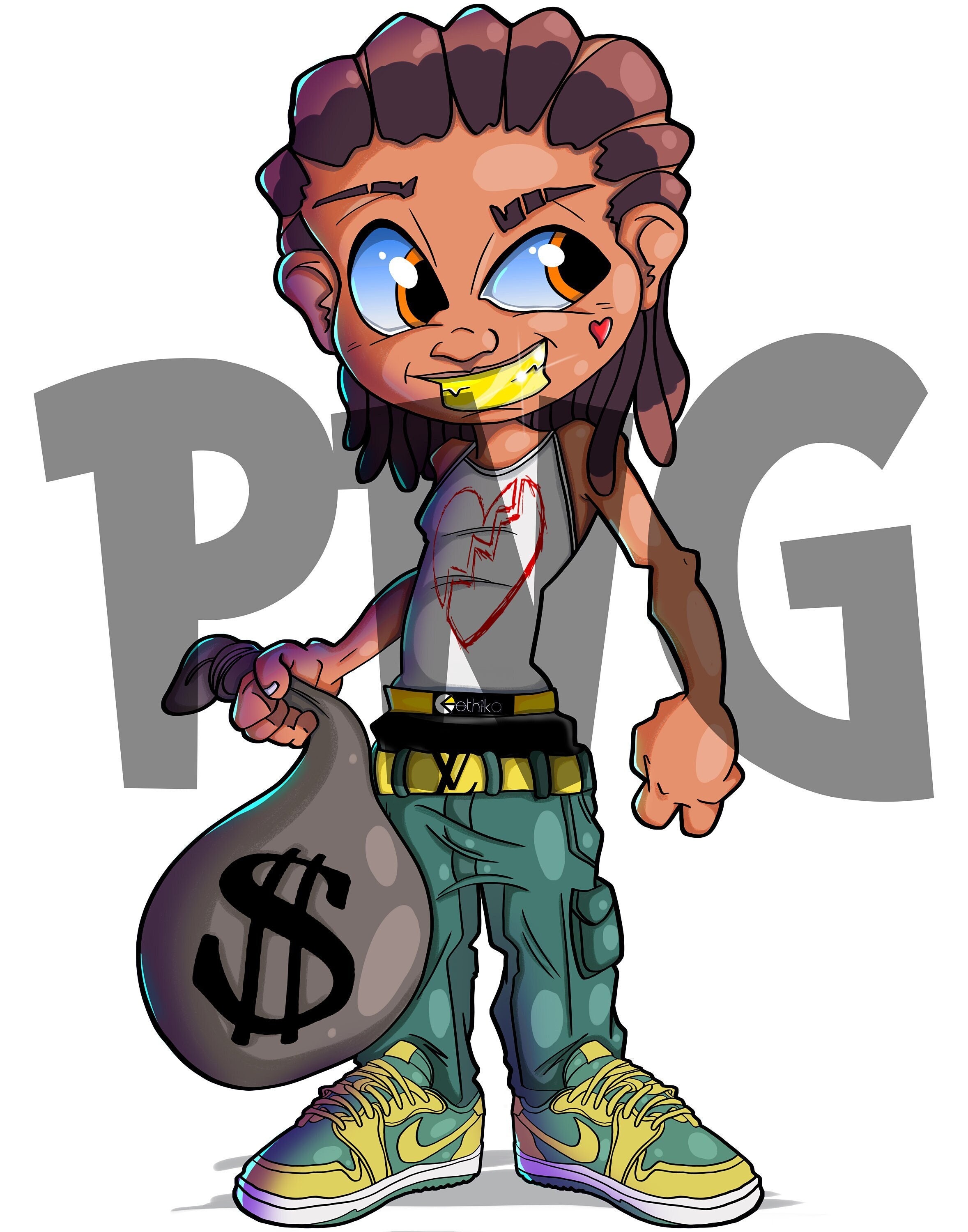 Savage Gangster Black Cash Money Bag Cartoon Character Face Tattoos Go –  famoushustle, image size:2357x3000