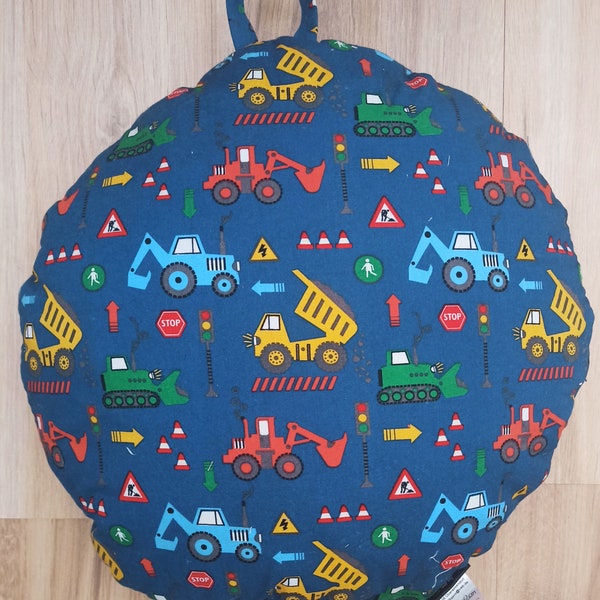 Sitzkissen Kinder bunte Fahrzeuge mit Namen Bodenkissen Baustelle Bagger LKW Werkzeug