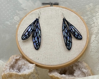 Obsidian Eclipse Dragonfly Wing Earrings - Iridescent Fairycore Jewelry - Embroidered Jewelry - Handmade Ethereal Nature Accessories