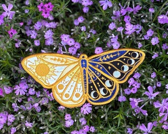 Sun & Moon Butterfly Embroidery Iron on Patch – Cosmic Collectible and Altar Adornment Art (4x6)