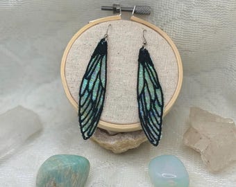 Obsidian Dragonfly Wings - Iridescent Embroidered Earrings - Holographic Fairycore Jewelry