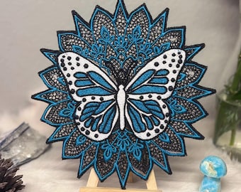 Embroidered Butterfly Decor – One of a Kind Textile Art - Altar Adornment - Doily Embroidery Art Piece