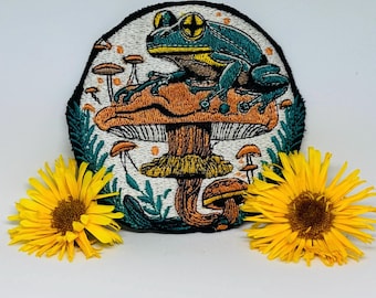 Frog Mushroom Embroidery Iron on Patch - Nature Collectible