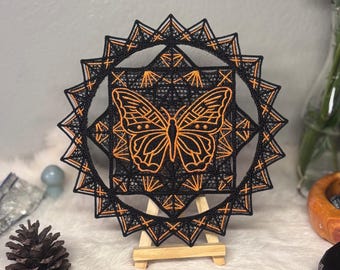 Embroidered Butterfly Art – Detailed Textile Decor - Altar Adornment -  Embroidery Doily or Centerpiece